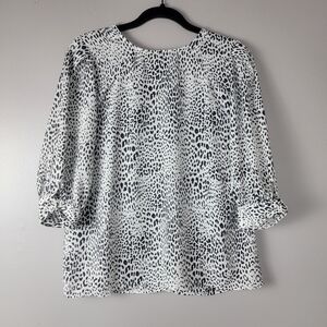 Worthington Womens White Black Cheetah Print Blouse Top Round Neck Button Size S